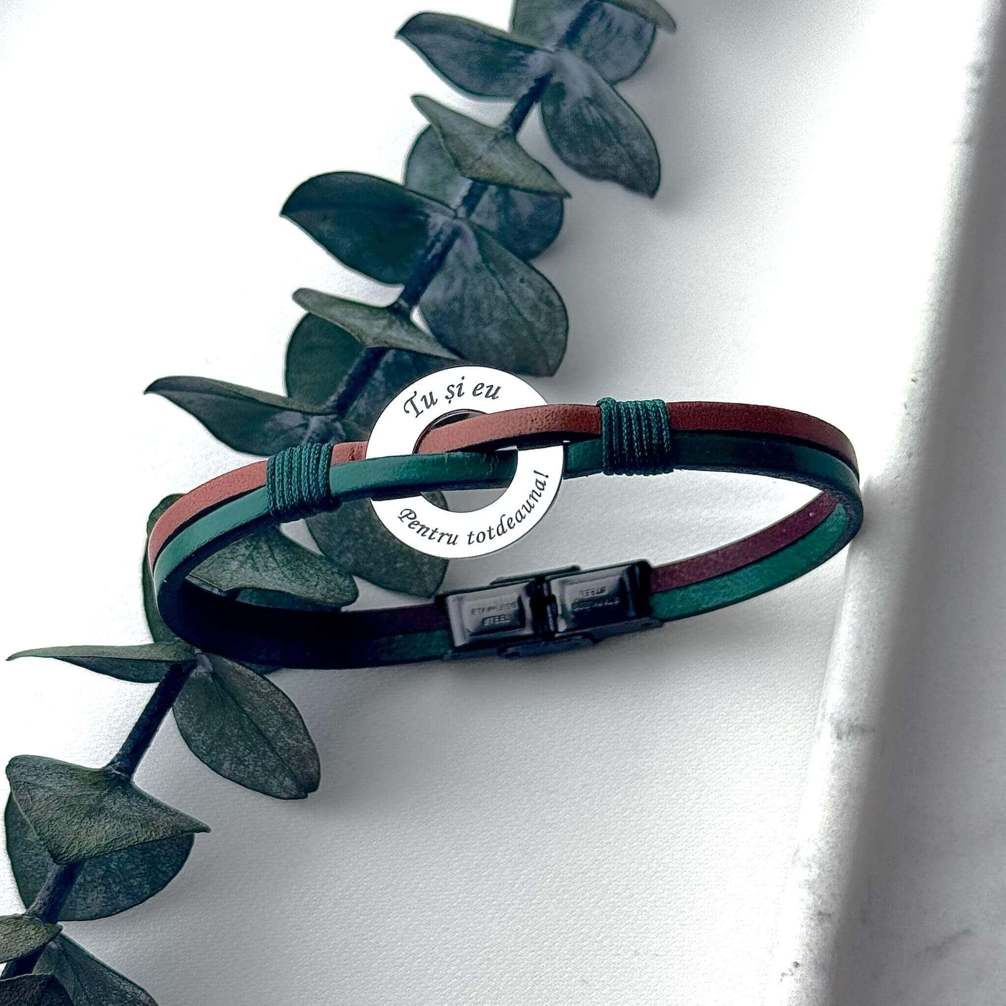Bratara-bicolora-piele-si-Disc-Argint-925